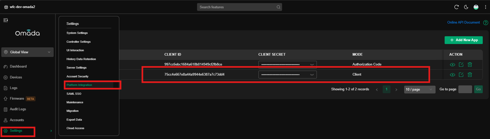 Omada platform integration configuration screenshot
